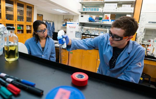 jane liu doing chemistry research with a student in the lab