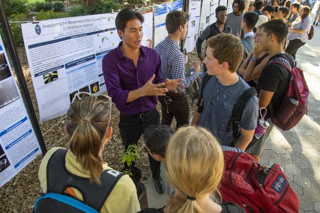 Pomona Students discuss, "Investigating the Movement of the Dancing Plant," during the 2019 Poster Conference