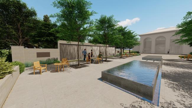 Center for Global Engagement render of outdoor fountain wall