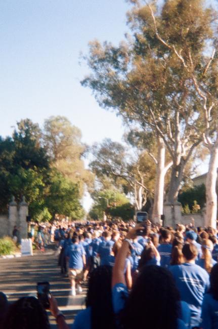 A group walks down the street