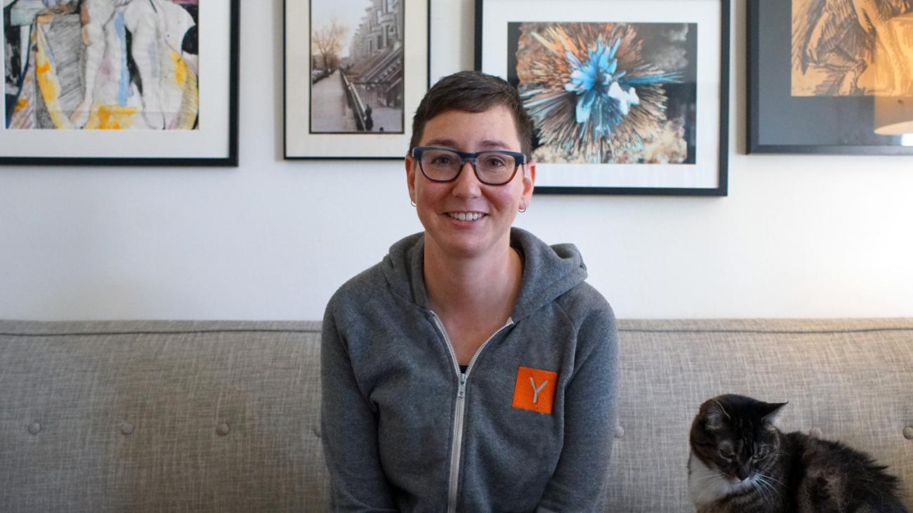 Debra Cleaver at home wearing a Y Combinator hoodie