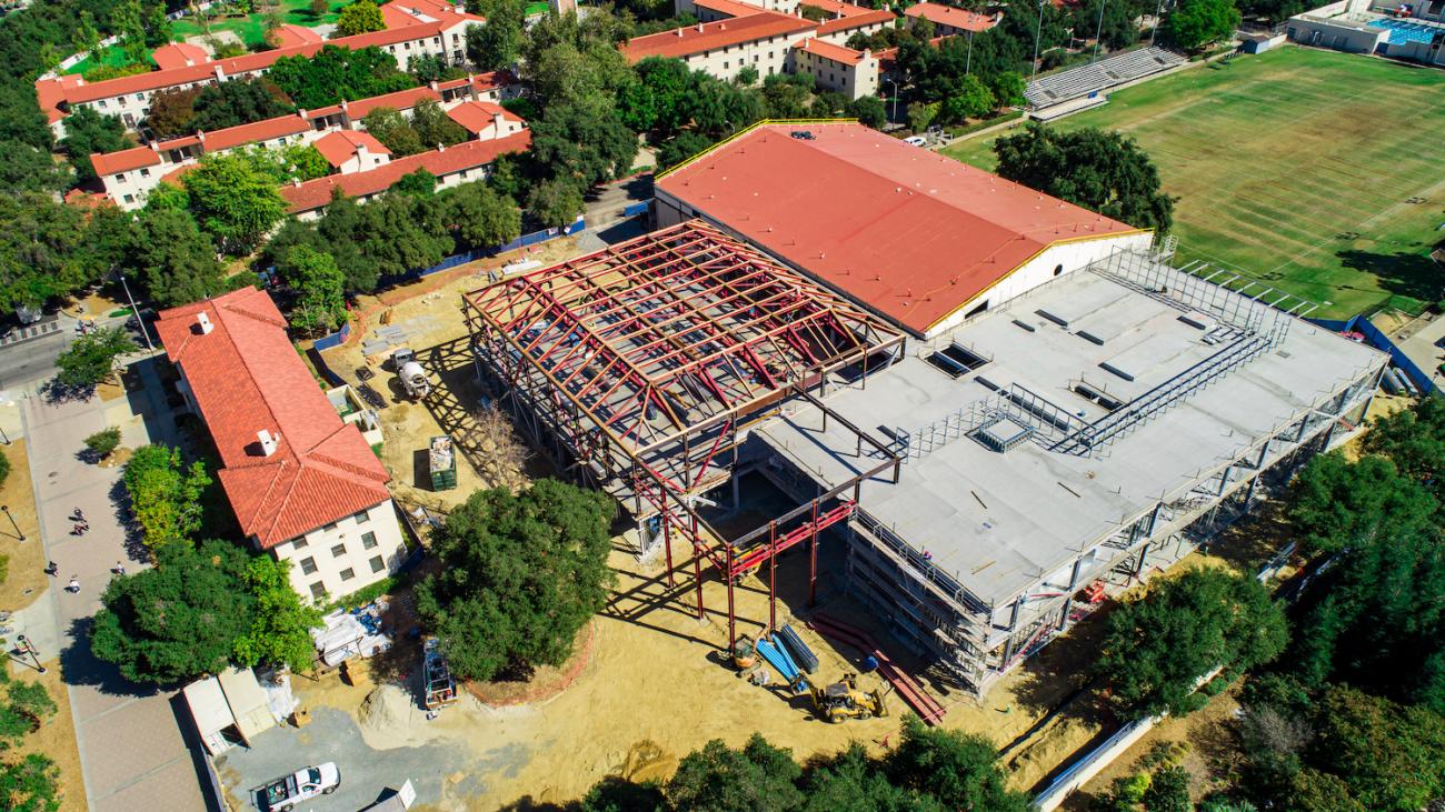 Aerial view of construction on Pomona's new athletics center