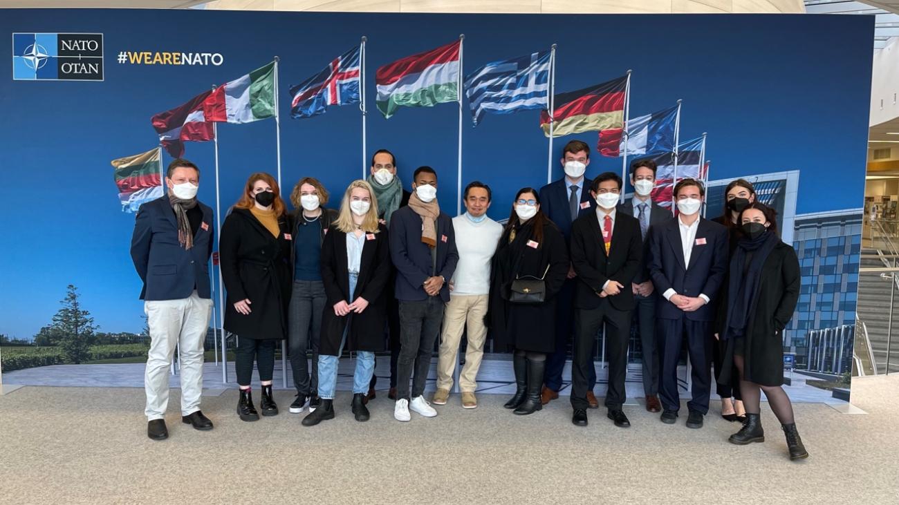 Professor Boduszynski and diplomacy study tour participants at NATO headquarters in Brussels, Belgium.