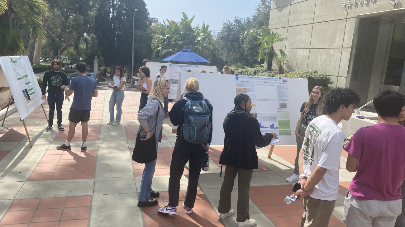 BIOL132 Poster session; students presenting their findings