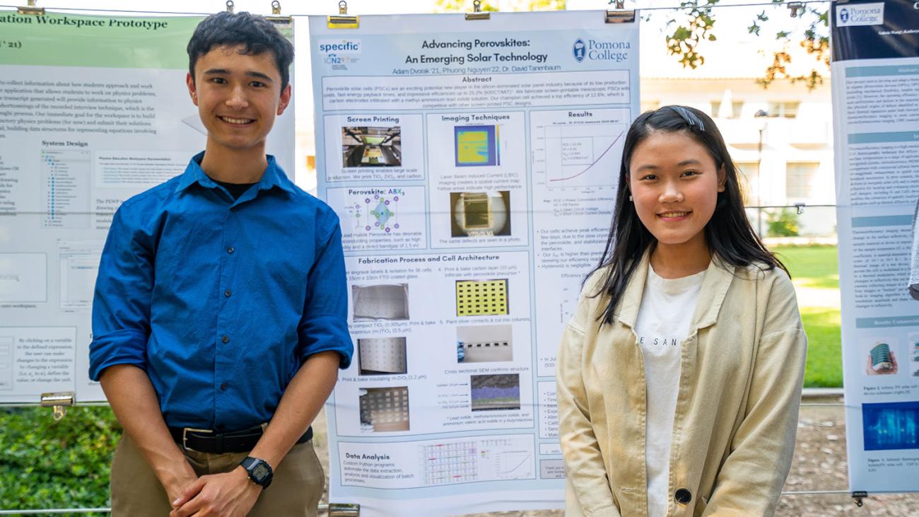 Adam Dvorak '21 and Phuong Nguyen '22 present, "Advancing Perovskites: An Emerging Solar Technology," at the 2019 Poster Conference