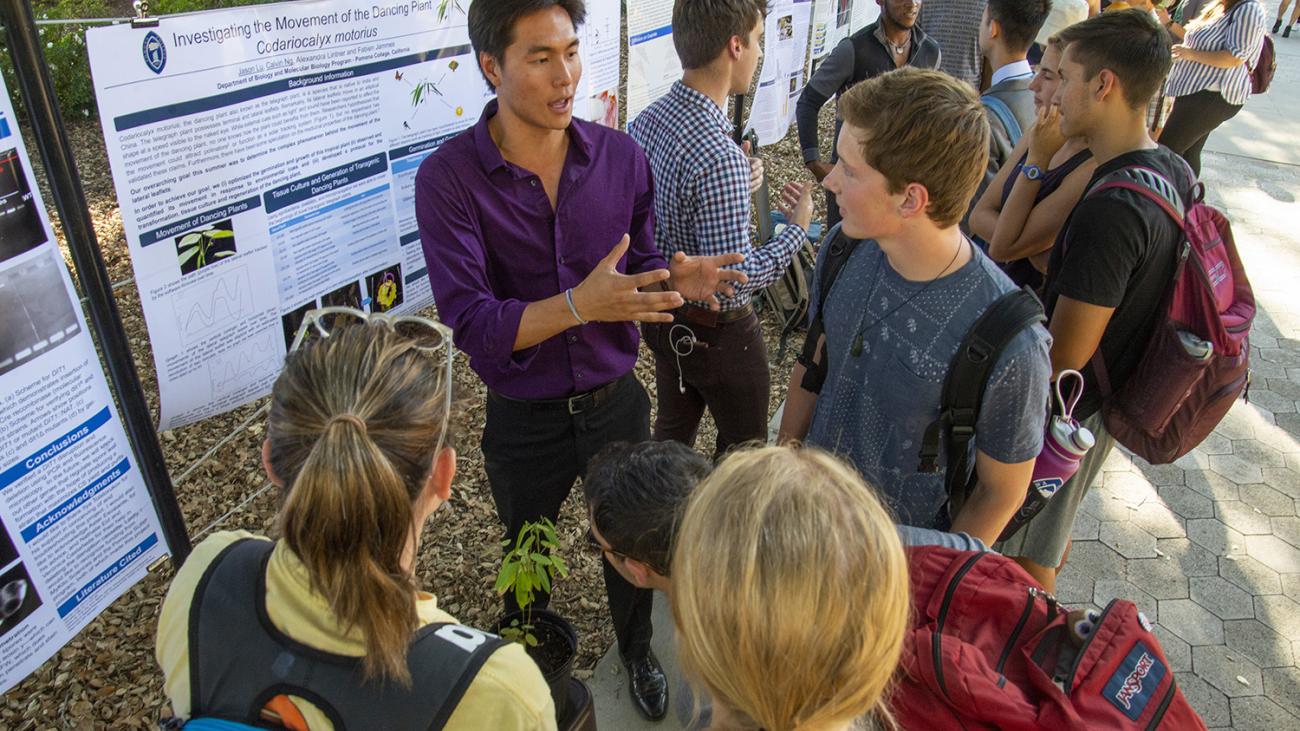 Pomona Students discuss, "Investigating the Movement of the Dancing Plant," during the 2019 Poster Conference