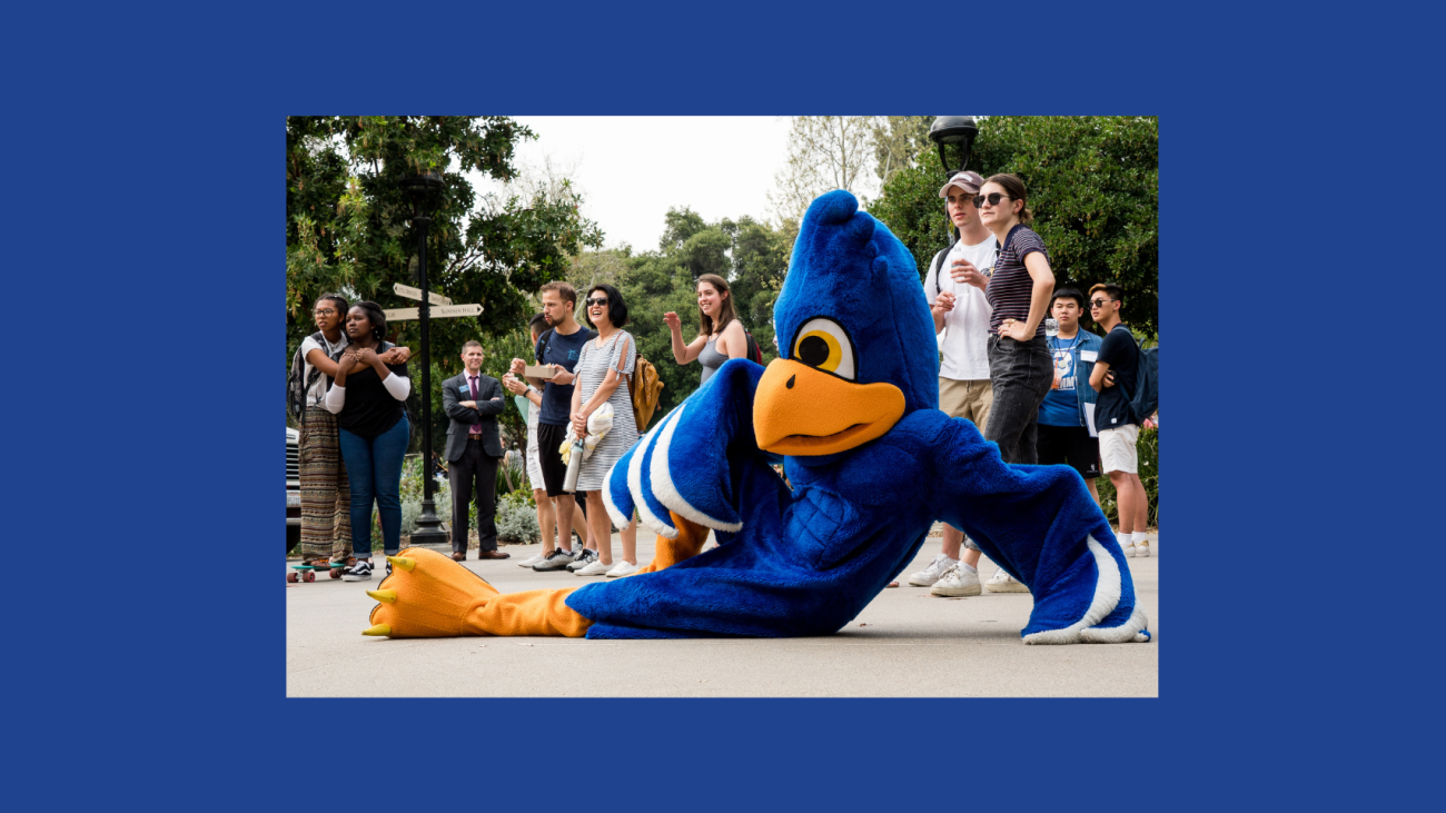 Reclining Cecil Sagehen mascot with people in background