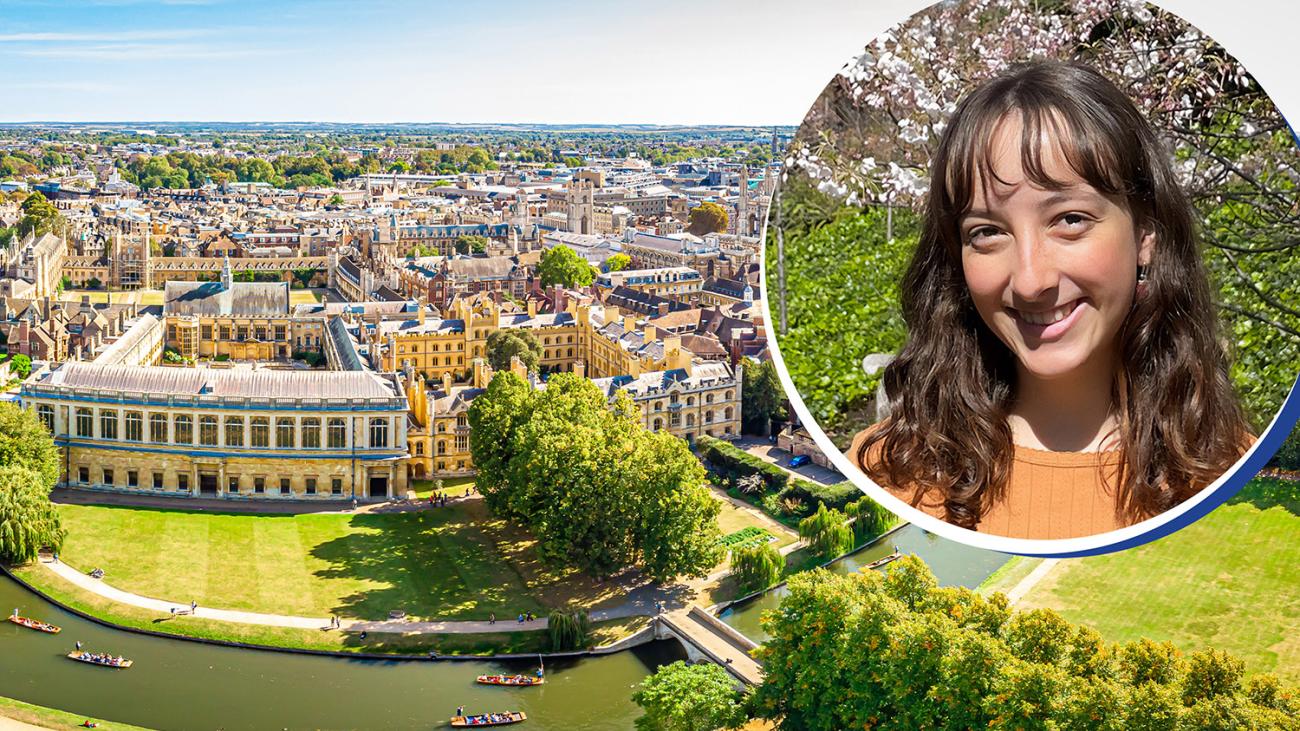 Photo of Cambridge from the air, with inset head picture of Vera Berger