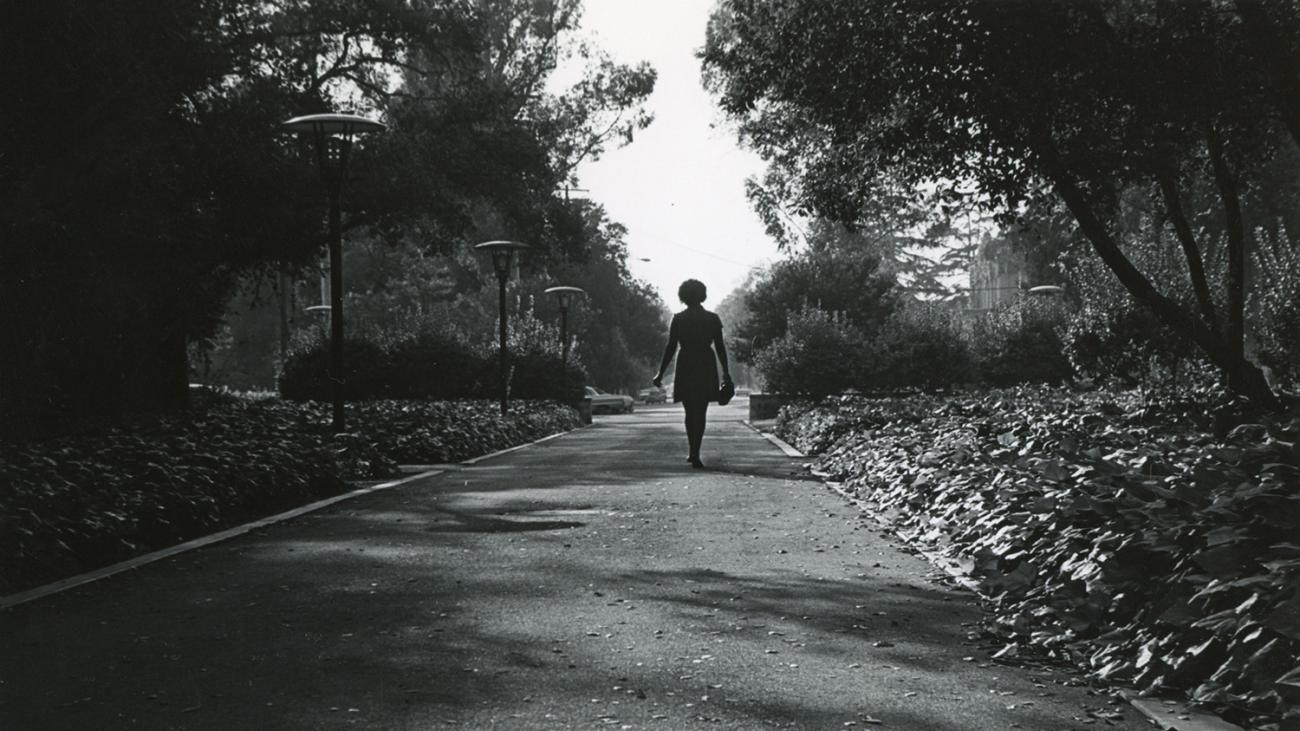 Myrlie Evers-Williams on Pomona College Campus, 24th Congressional District Campaign photograph, 1970.