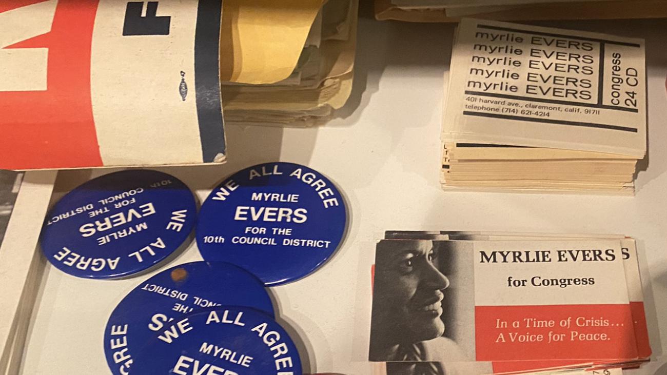 Myrlie Evers for Congress pins and cards