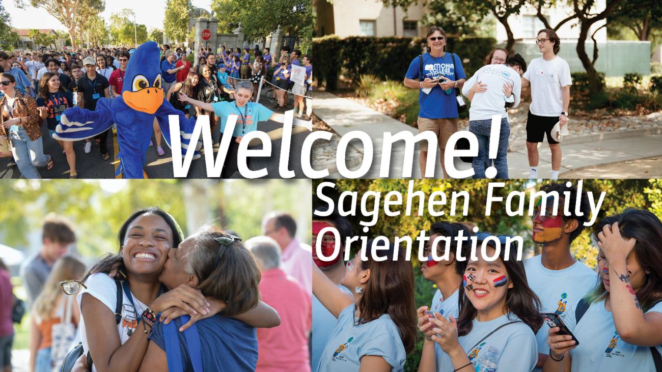 Family Orientation Web Banner with various images of cheerful families. Text reads: Welcome! Sagehen Family Orientation