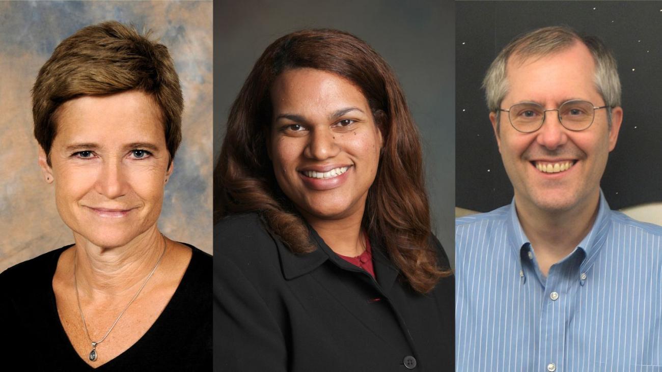 Head and shoulder photos of professors Rachel Levin, April Mayes and Thomas Moore