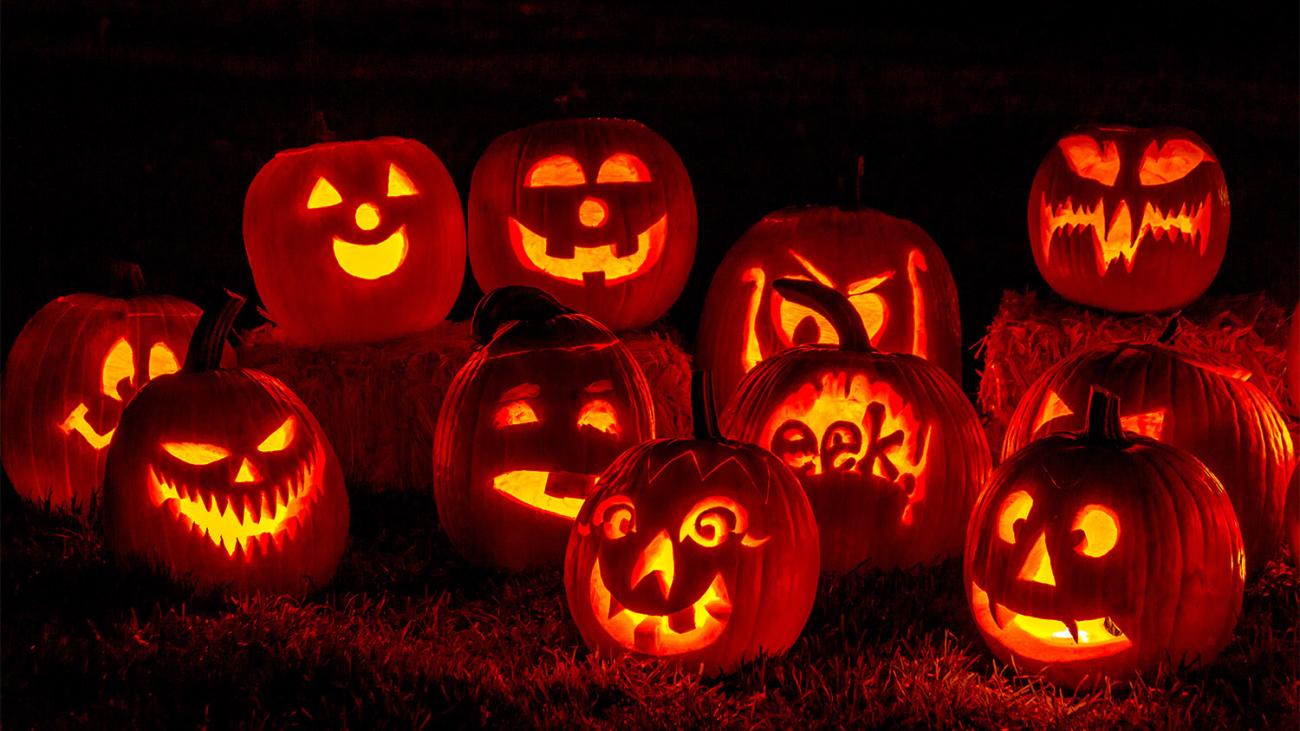 Grouping of lighted jack-o-lanterns