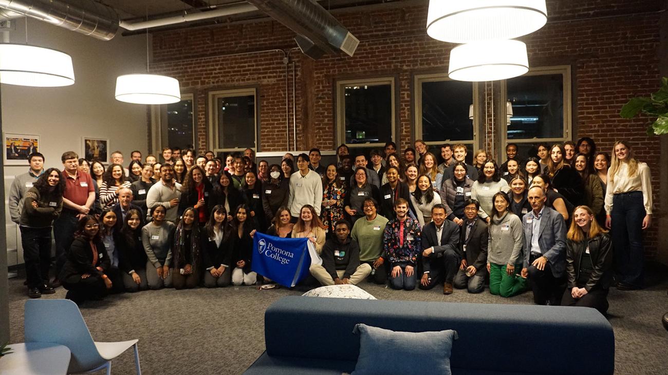 A photo of a large group of Pomona College alumni, families and friends at the Bay Area Winter Break Party in 2024.