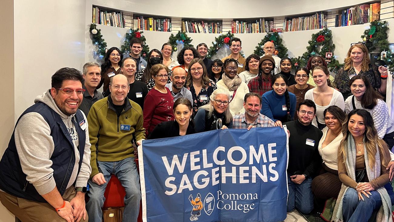A photo of a large group of Pomona College alumni, families and friends at the Chicago Winter Break Party in 2024.