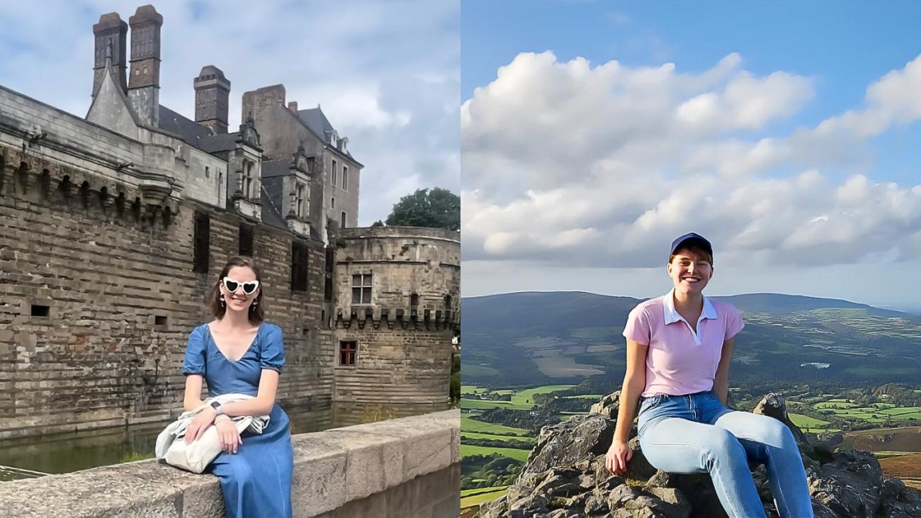 Katie Stuart seated in front of chateau in Nantes, France and Willa Albrecht sitting atop a hill in Ireland