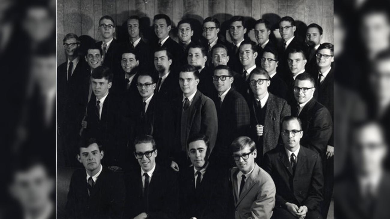 A black and white photo of the Zeta Chi fraternity at Pomona in the 1960's.