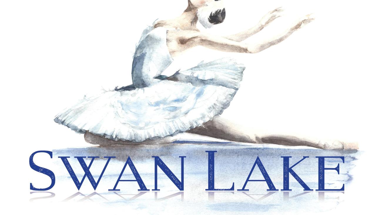 A watercoloresque rendering of a pale ballerina wearing a white tutu and headpiece emulates a swan with her arms flung back and face raised upward. The text below says Swan Lake in a blue serif font.