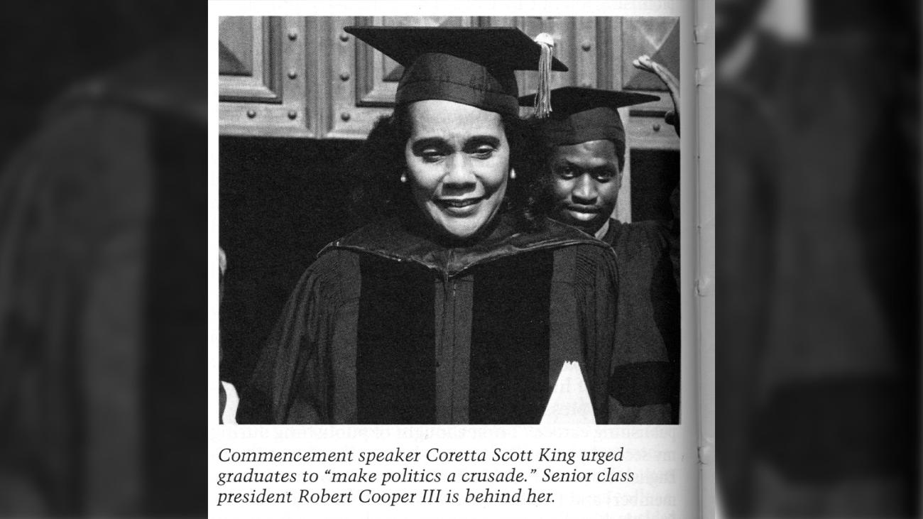 A black and white photo of 1984 Commencement Speaker Coretta Scott King, civil rights advocate and widow of the Reverend Doctor Martin Luther King Junior.