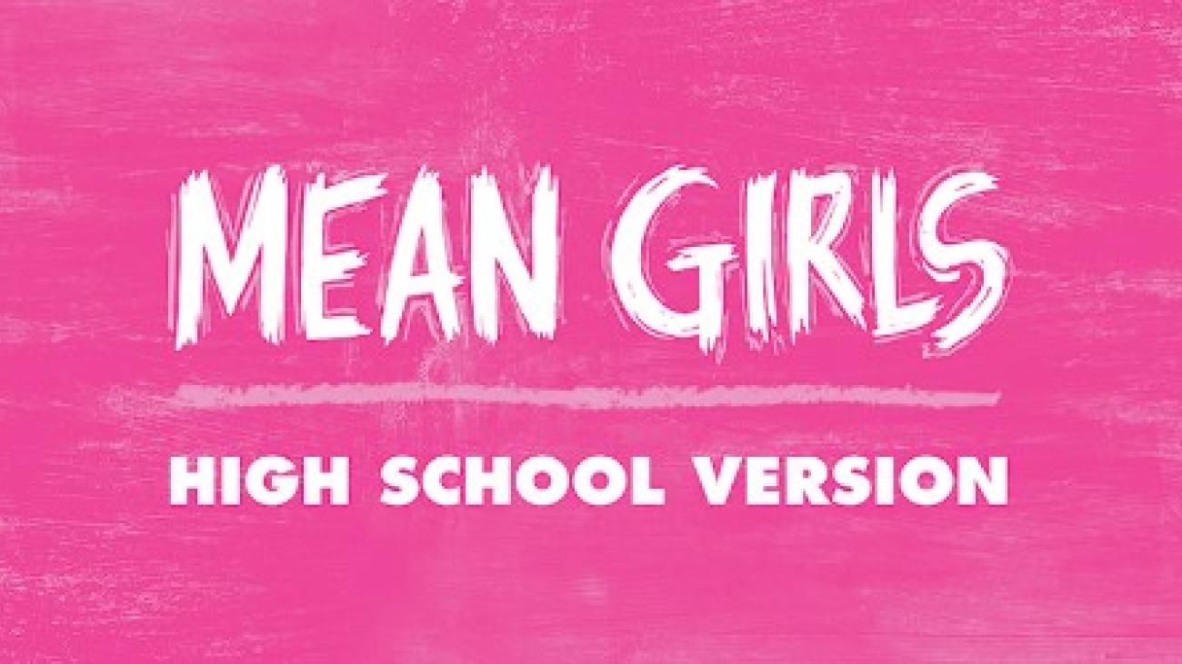 On a pink background in a sketched text font in white that says Mean Girls, the high school version.