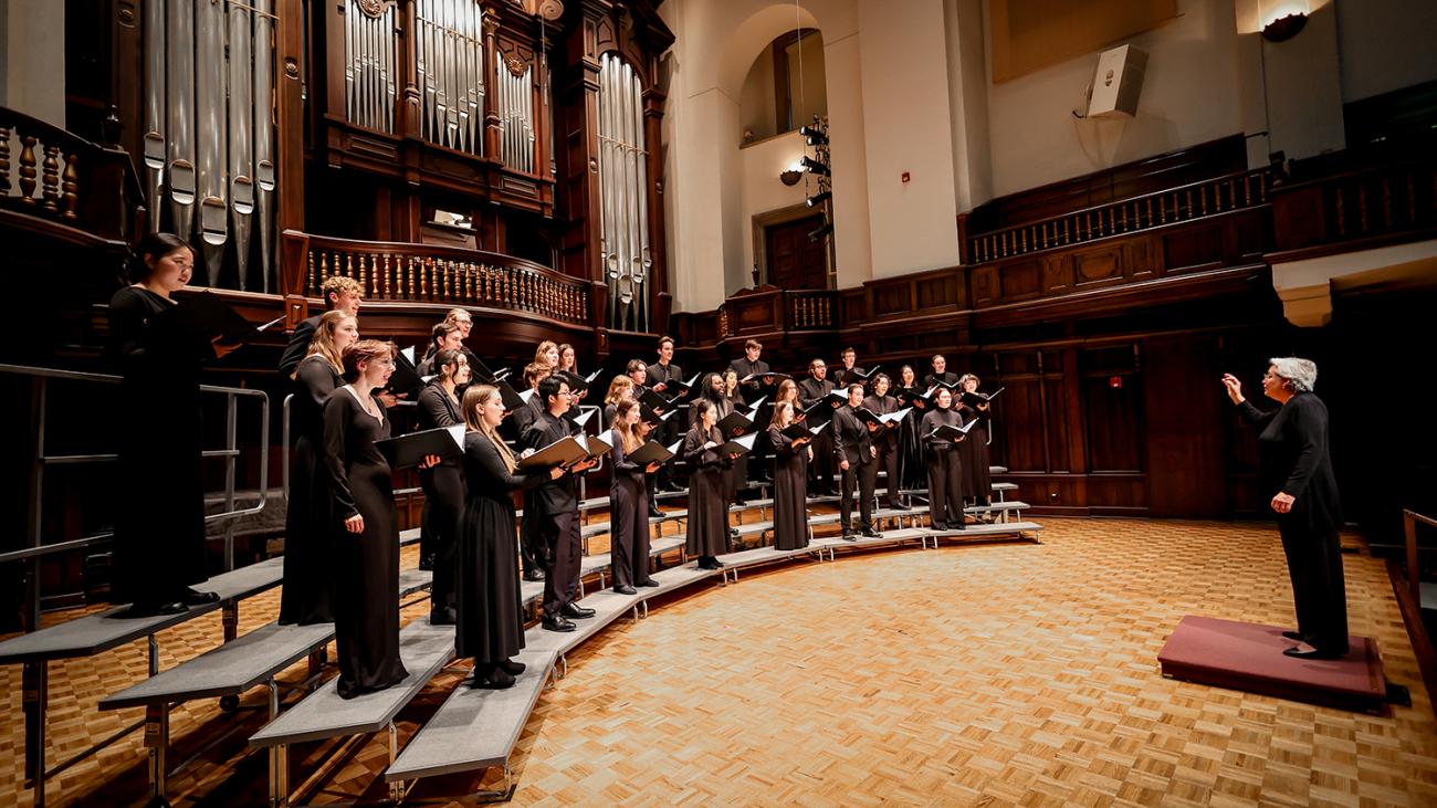 Pomona College Glee Club performing in Little Bridges Auditorium 
