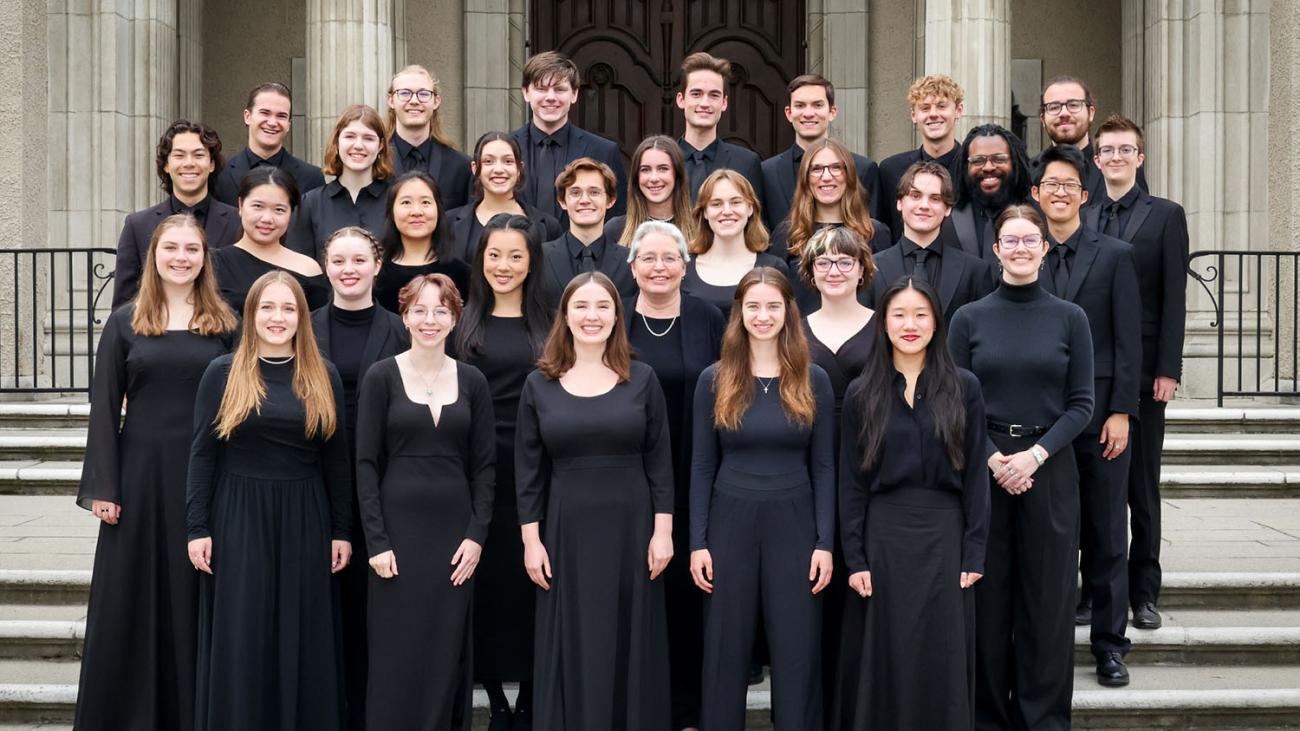Pomona College Glee Club outside Bridges Hall of Music