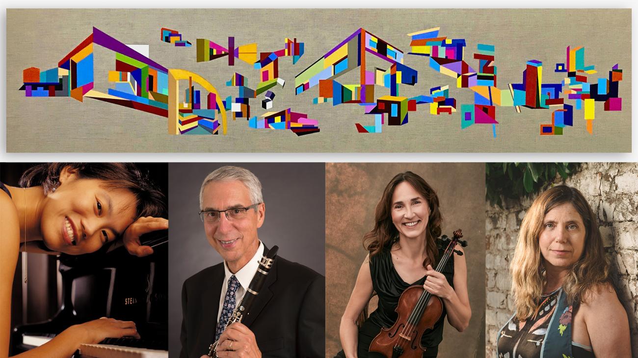 Four musicians and colorful geometric abstract artwork