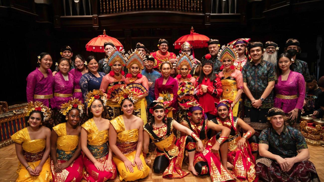 Gamelan ensemble members pose in Bridges Hall of Music