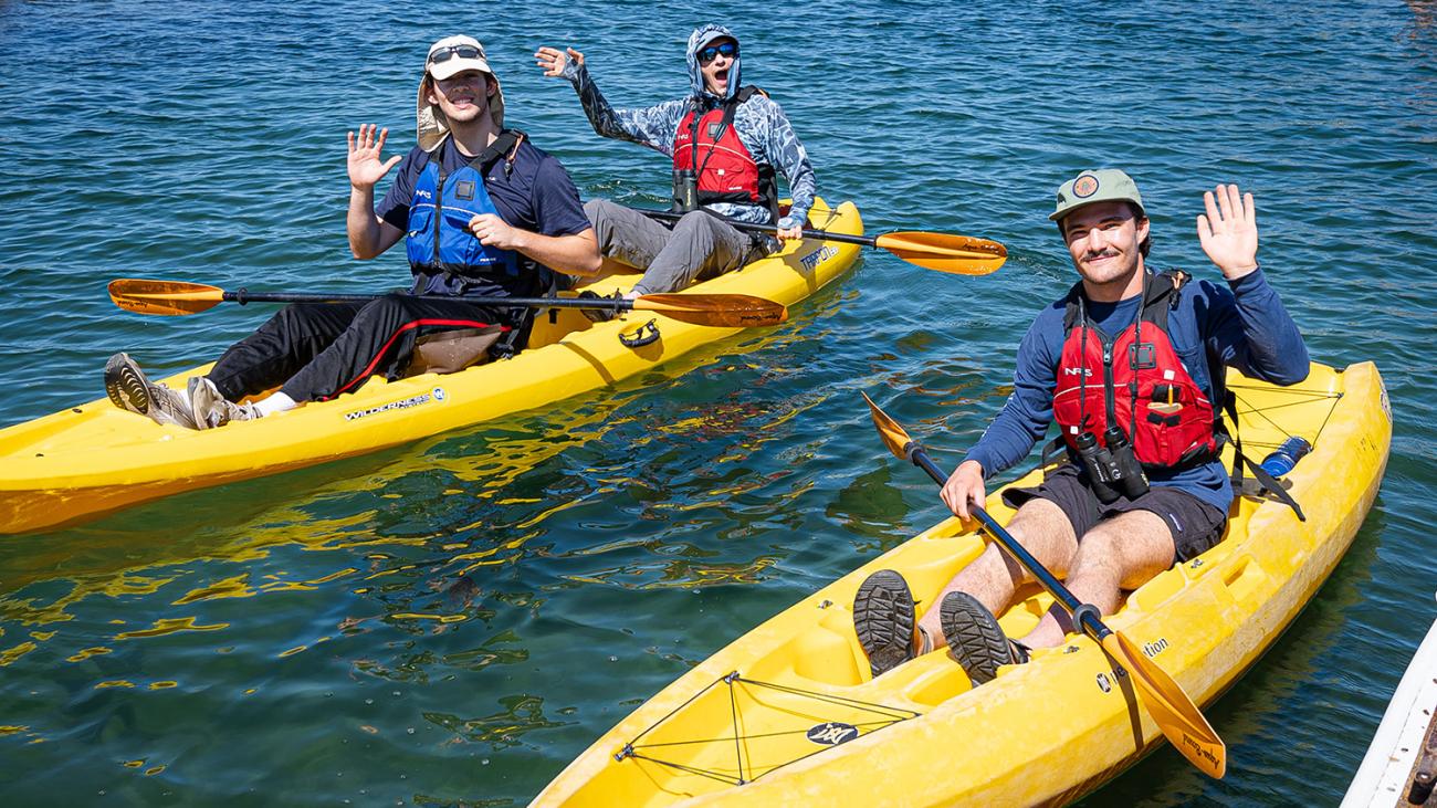 Thomas Amory, Ross Pringle and Max Distaso kayaking near Redondo Beach, California