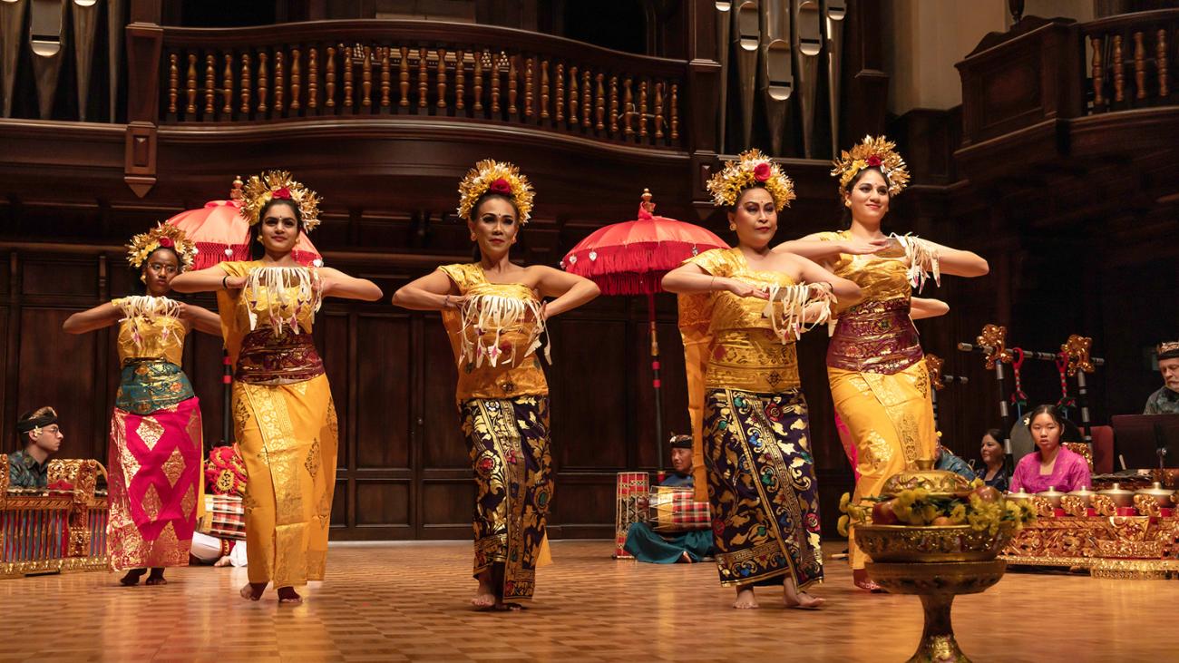 The Pomona College Balinese gamelan ensemble performs in Bridges Hall of Music