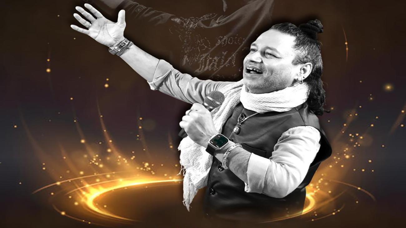 A black and white, three-quarters image of Kailash Kher singing against a sparkly brown and gold backround.