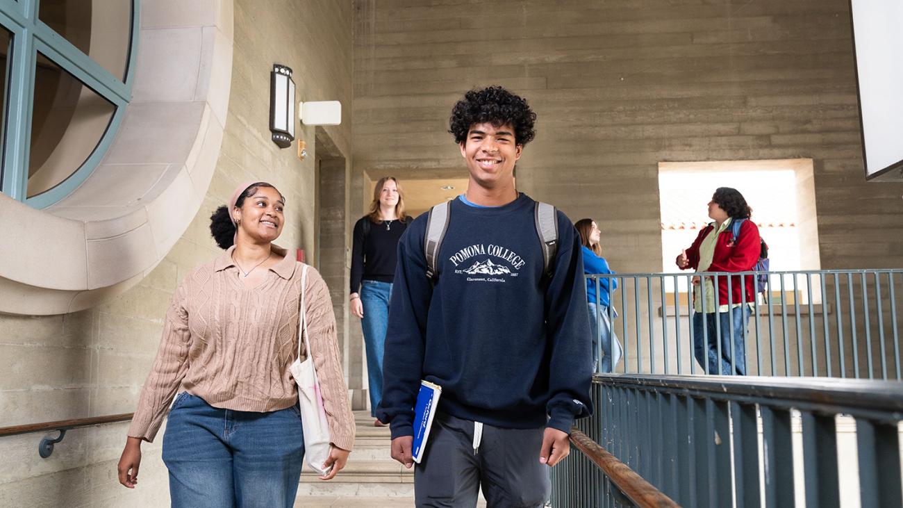 Pomona College students walking down stairs