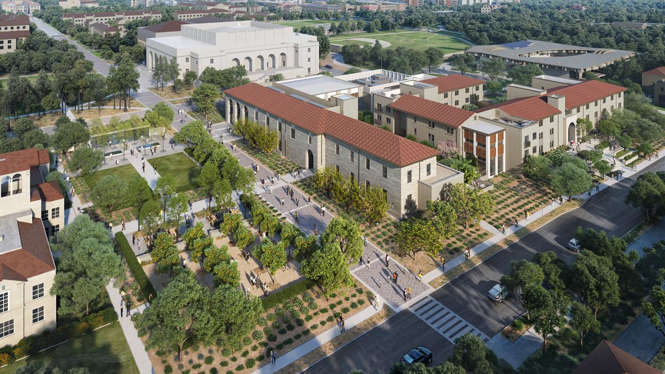 Aerial rendering of the new Center for Global Engagement building and landscaping