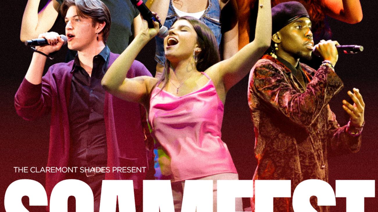 A diverse collage of 6 singers on a black background above the [text] The Claremont Shades Present SCAMFEST. Southern California a cappella music festival.