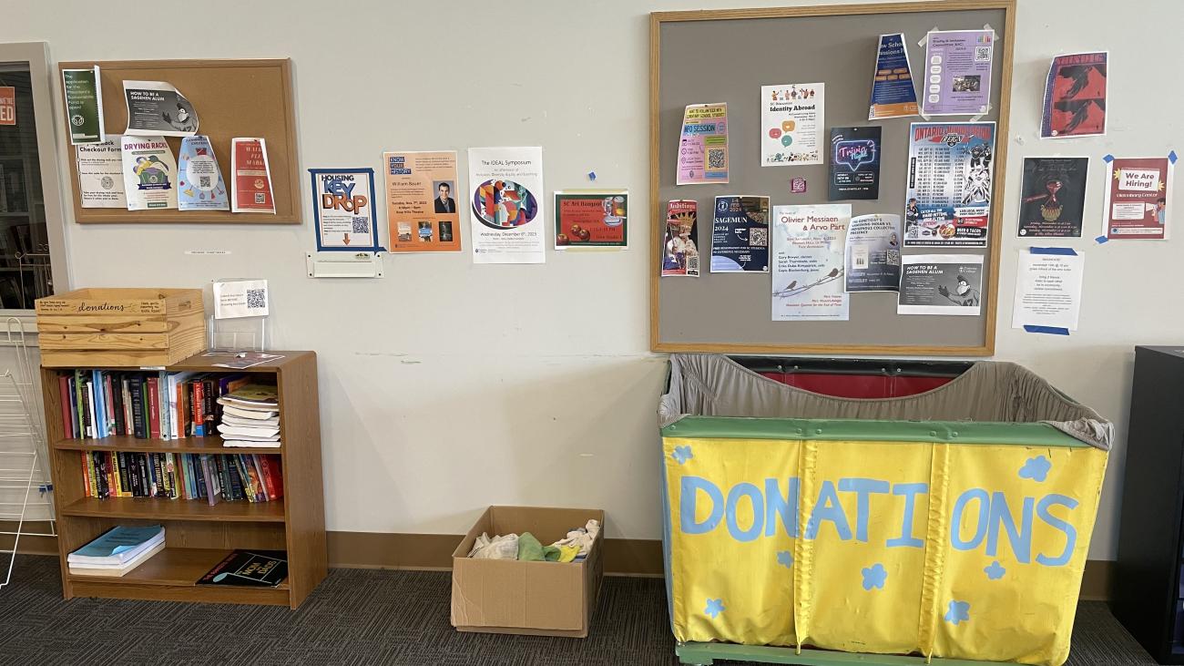 Donation bin, bookshelf, bulletin board