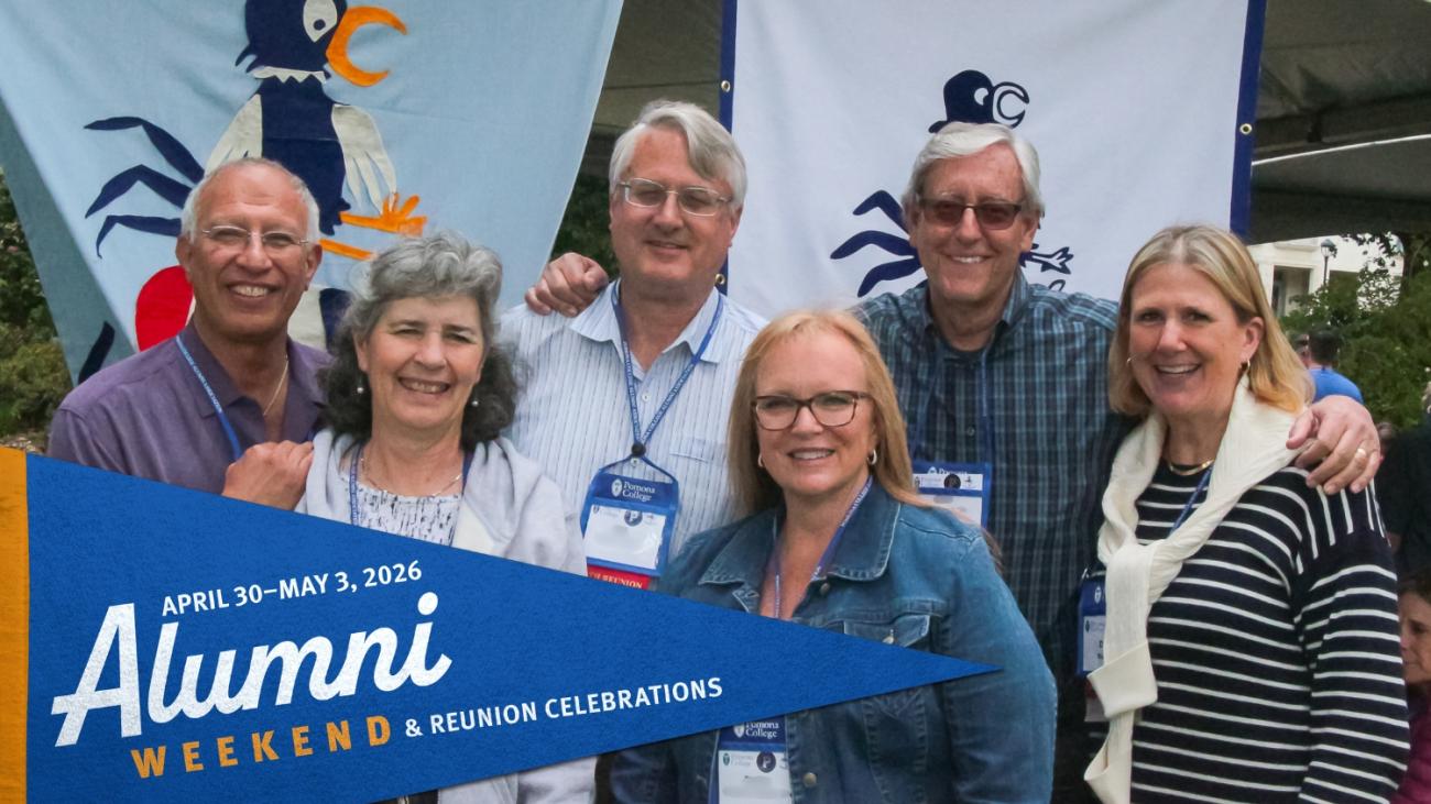 Class of 1976 50th Reunion Group Photo from 2016 featuring three men and two women in front of their class reunion tent