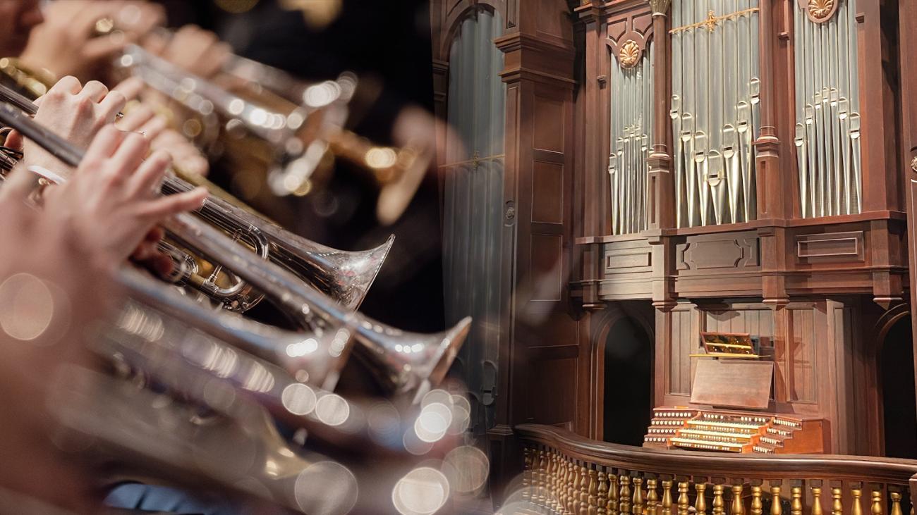 Image collage featuring a row of trumpets and the Hill Memorial Organ