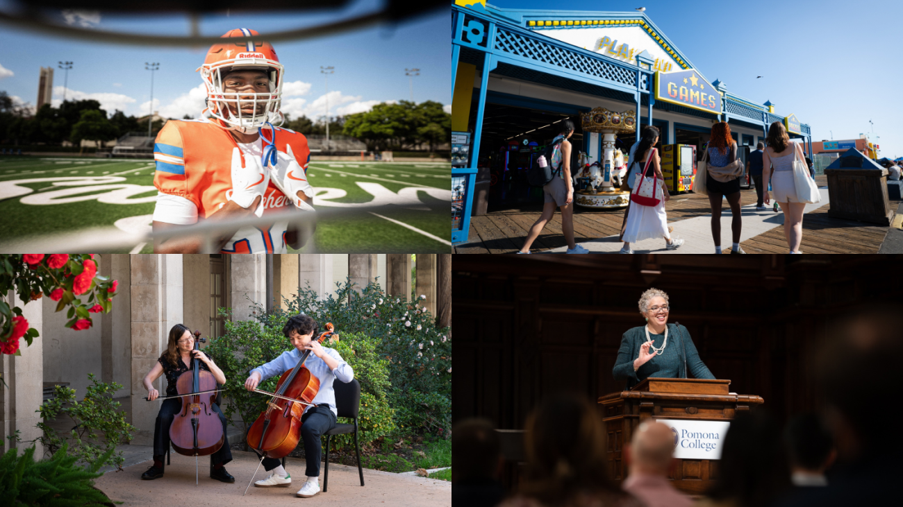 A collage of four images: A football player, students on an OA adventure, orchestra students, and President Starr