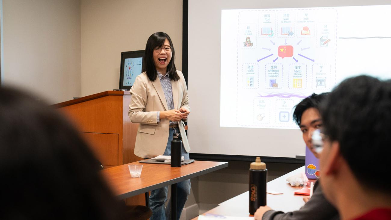 Prof. Jun Lang and class in Mason Hall