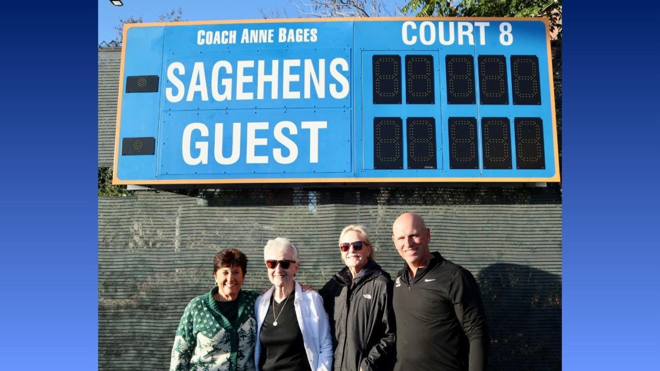 Anne Bages with Pomona friends at the scoreboard dedication