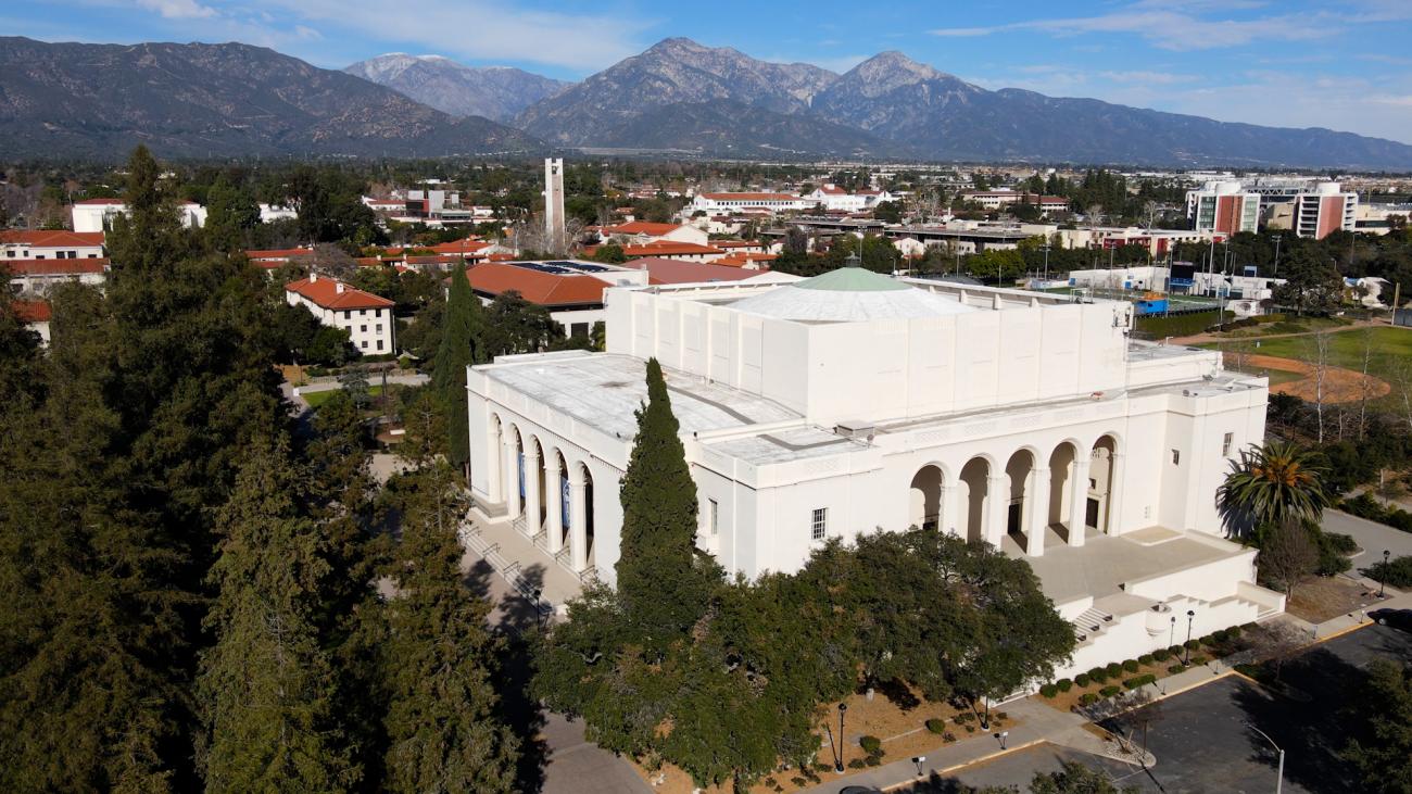 Aerial view of Bridges Auditorium at Pomona College