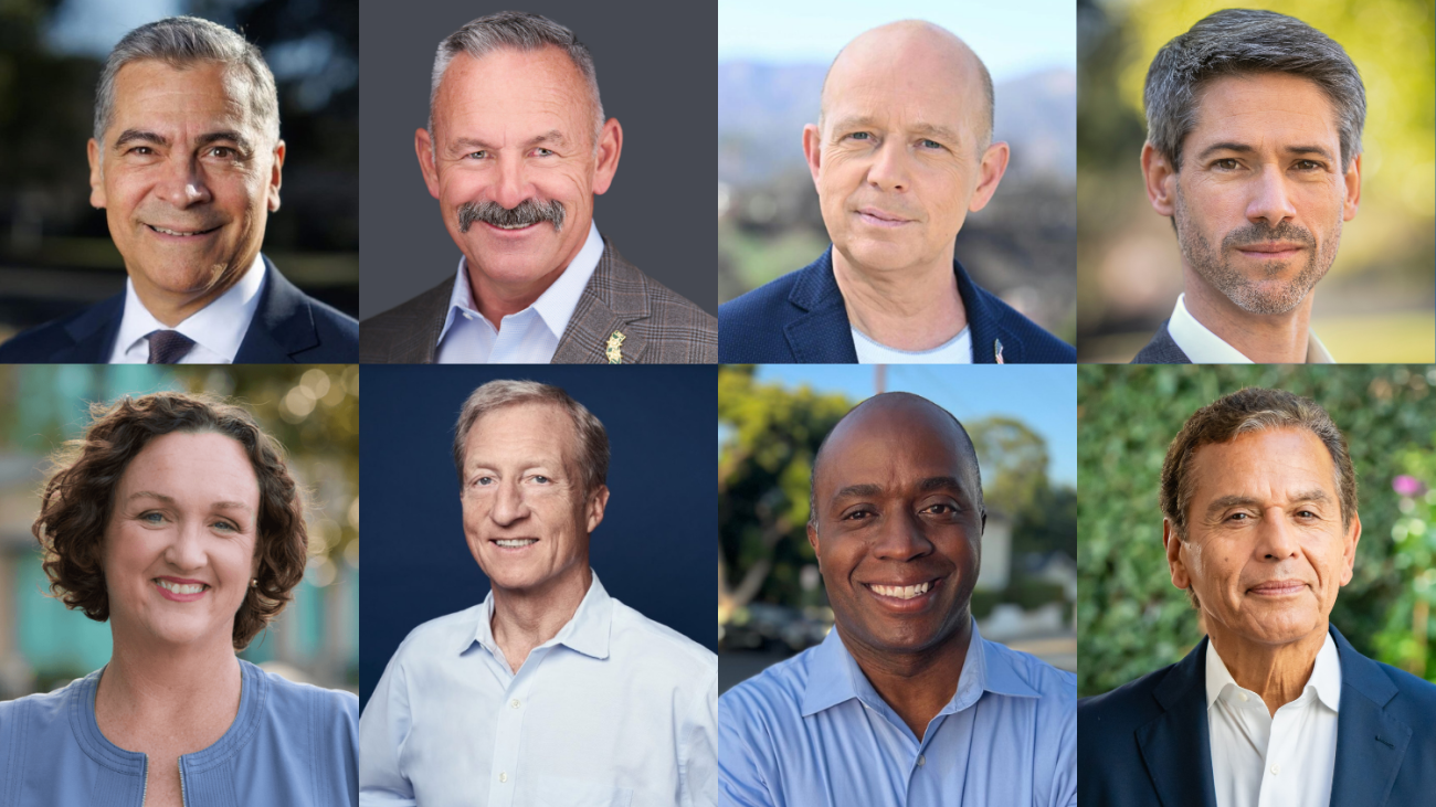 Portrait grid of the eight California gubernatorial candidates confirmed for the debate at Pomona College