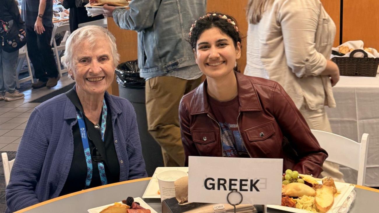 During the Oldenborg Open House at Alumni Weekend, Bages was honored as an honorary language table host. At the Greek language table, current student Maria-Sophia Sotiropoulou ’28 made a special connection — discovering that she and Bages share ties to the same small village in Greece.