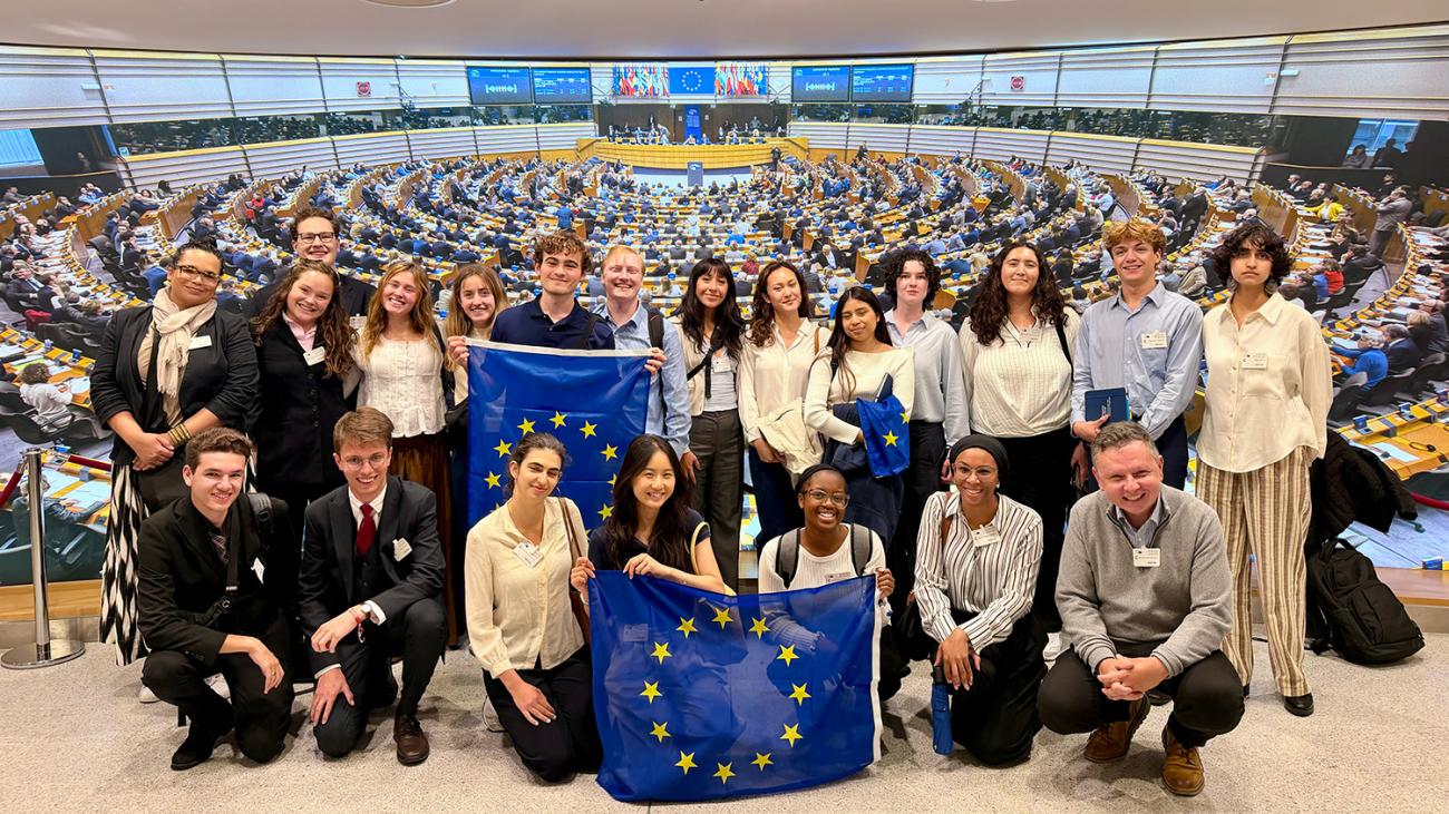 Boduszynski and Politics Professor Erica Dobbs with Pomona students visiting the European Parliament