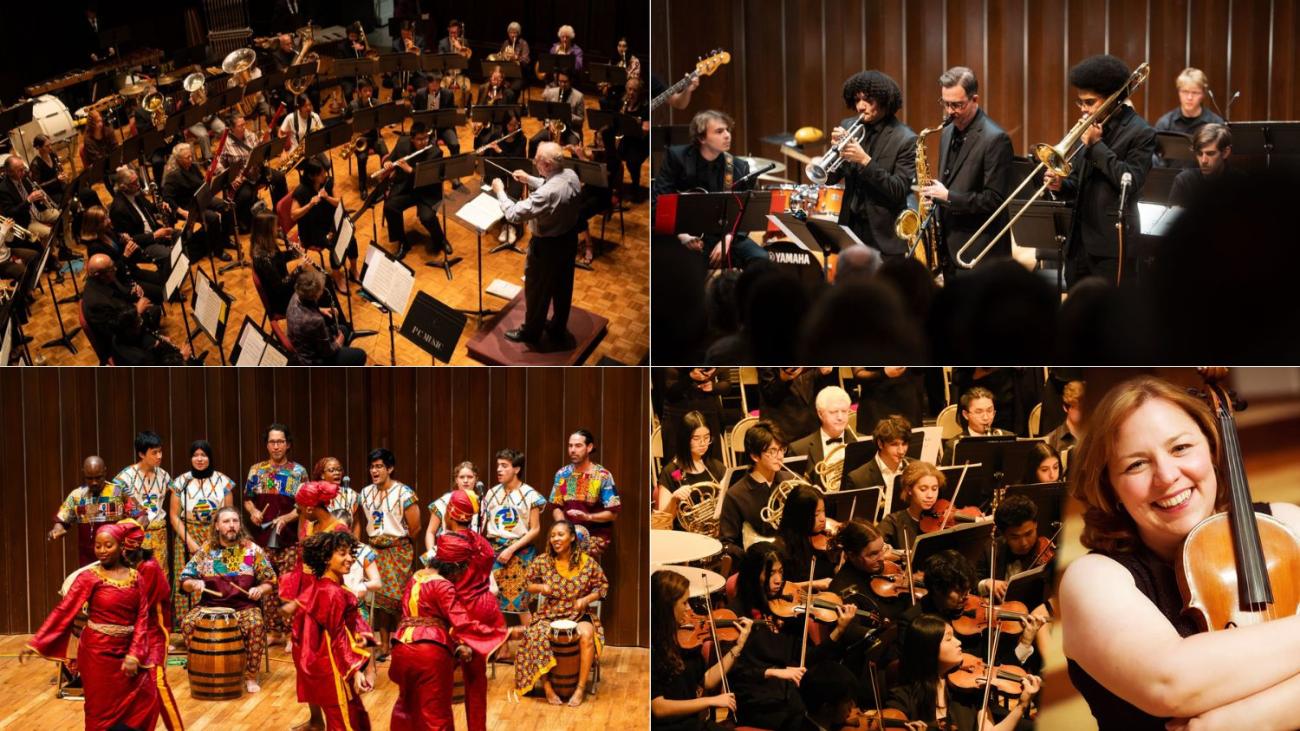 photo grid featuring various Pomona College music ensembles