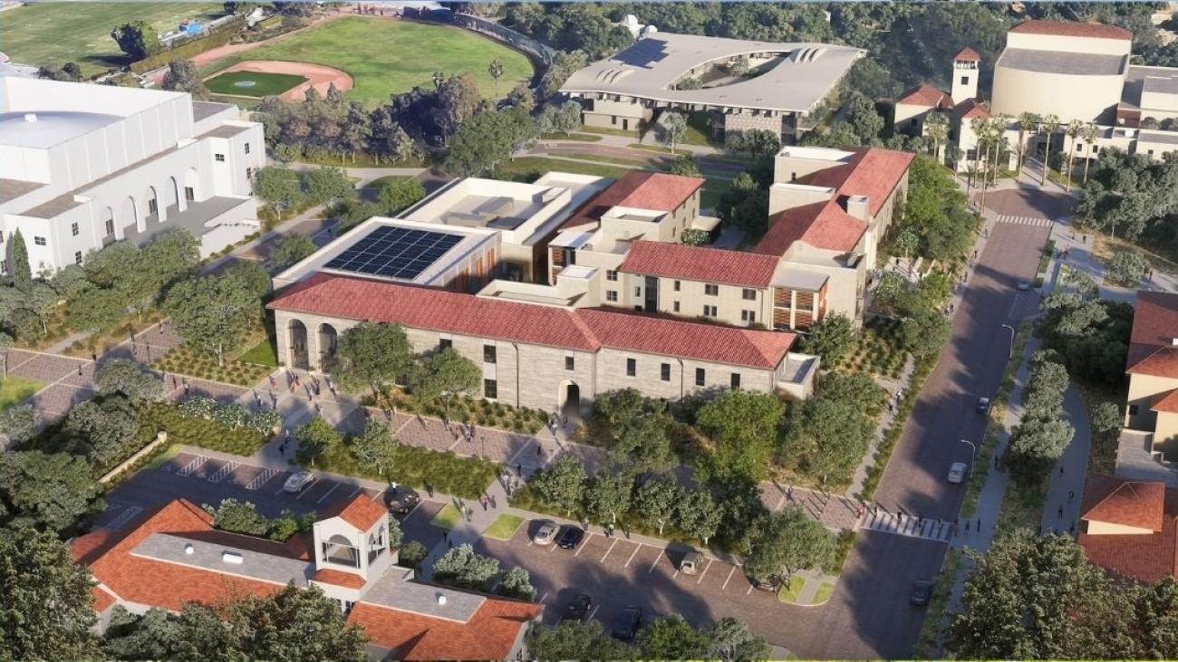 Rendering of an aerial view of the new CGE building on Pomona campus