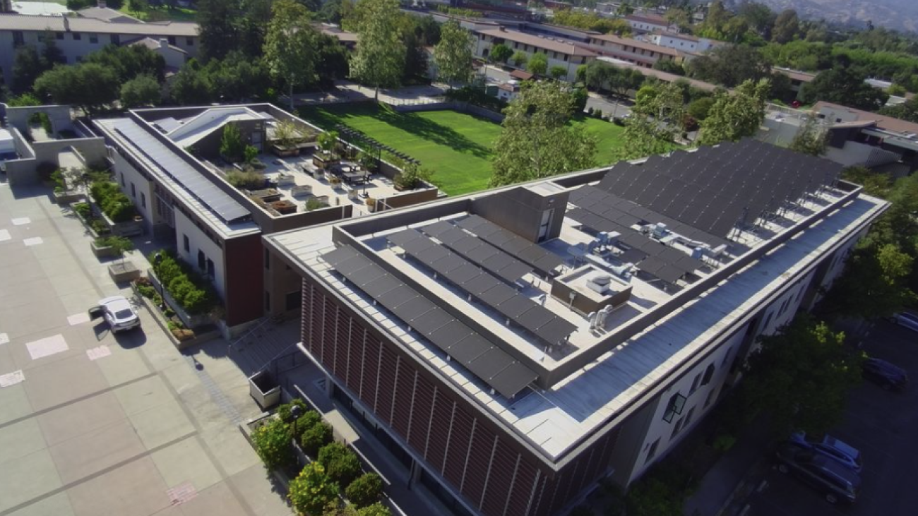 Aerial shot of buildings with rooftop solar