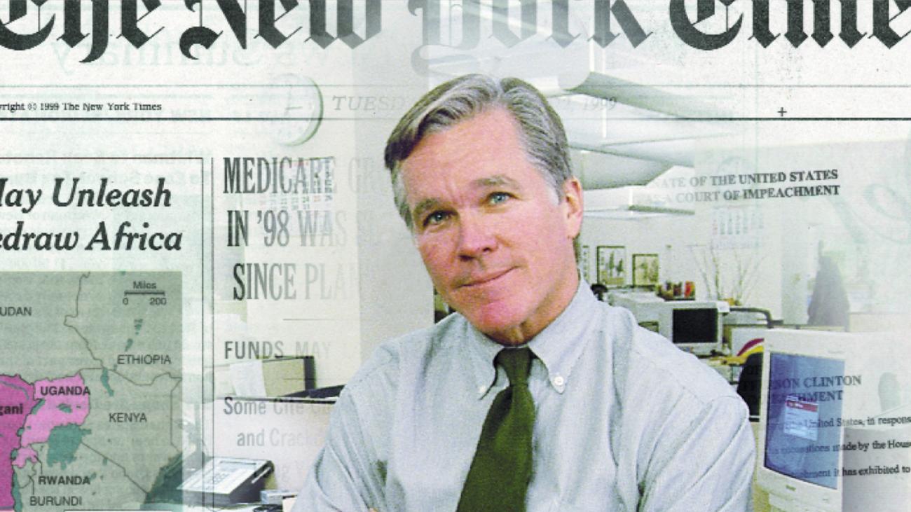 Bill Keller ’70 superimposed on a front page of The New York Times
