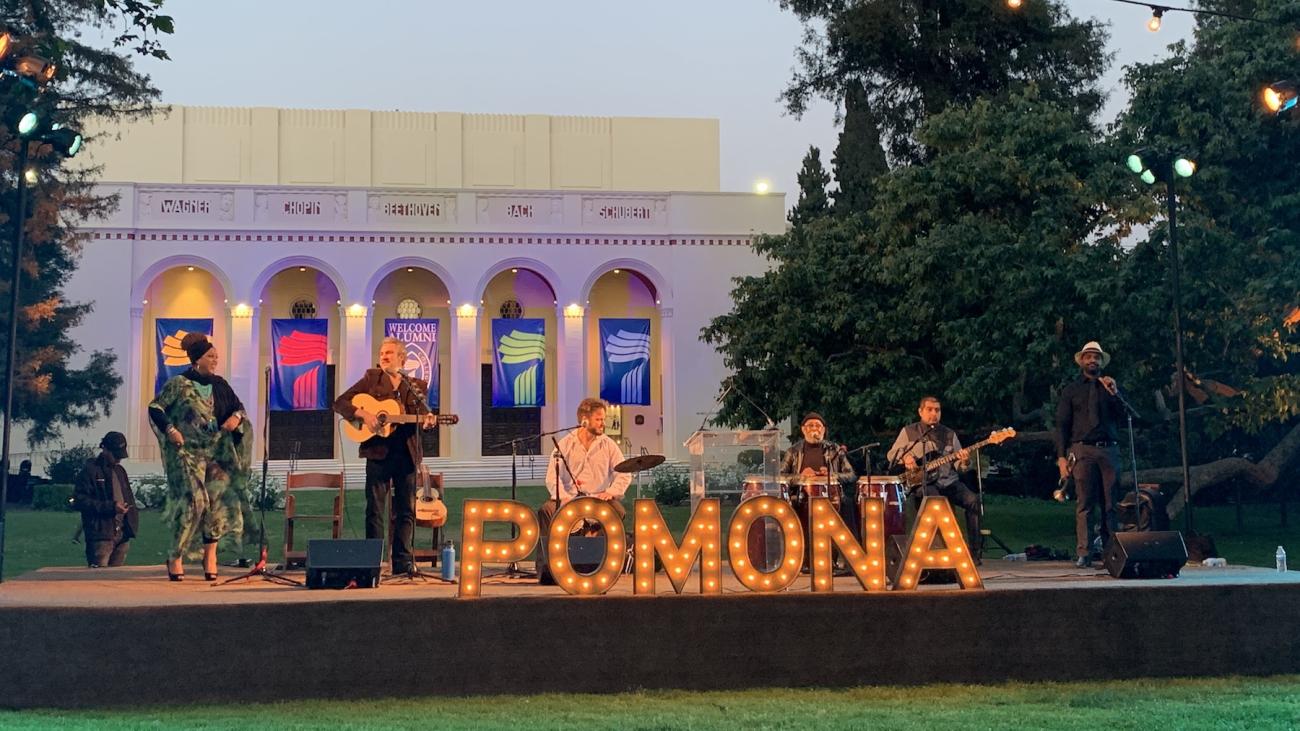 A band plays live music on Marston Quad