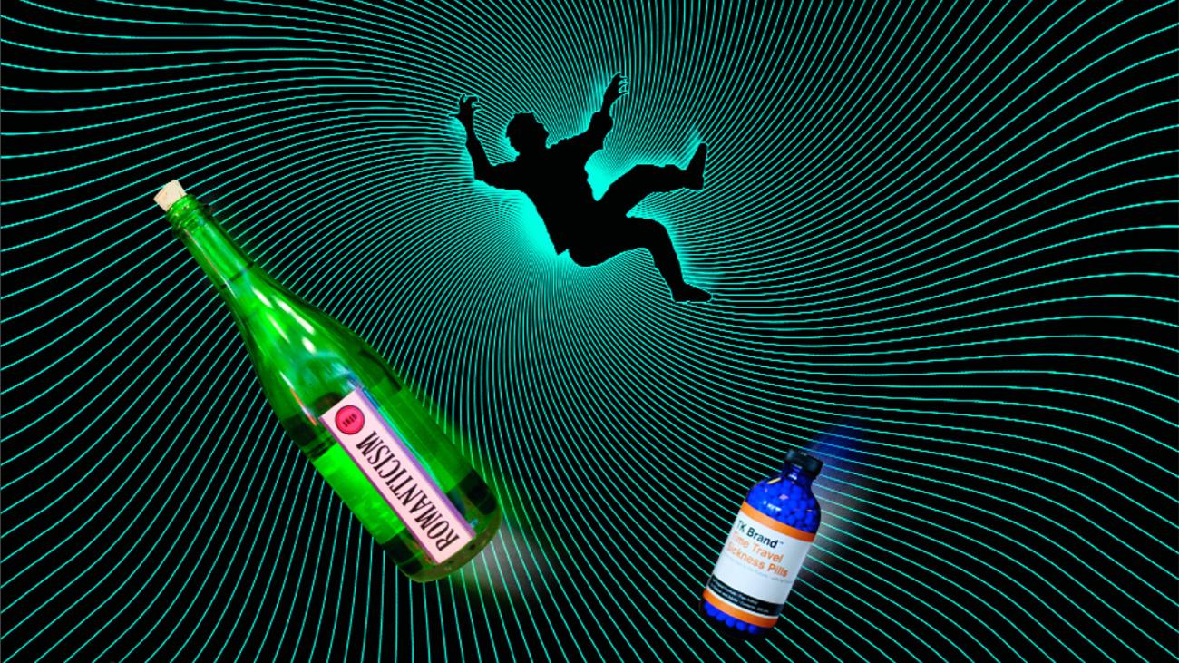 Illustration with silhouette of man falling into a network of curving lines, with two bottles—one marked "Romanticism" and the other "Time Travel Sickness Pills"
